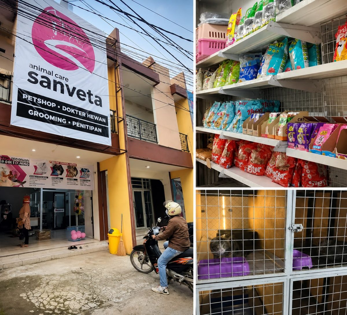 Sanveta Care petshop & dokter hewan Subang: tampak depan cabang, rak produk, dan area penitipan anabul